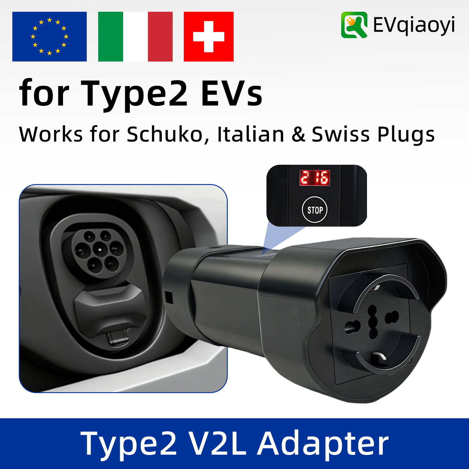 Travel Adapter Universal - محول تفريغ EVqiaoyi Type2 V2L مع